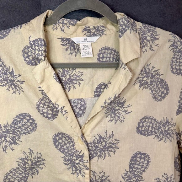 H&M Linen Cotton Pineapple Print Resort Shirt Yellow Tropicalcore XS Oversized - Picture 10 of 10
